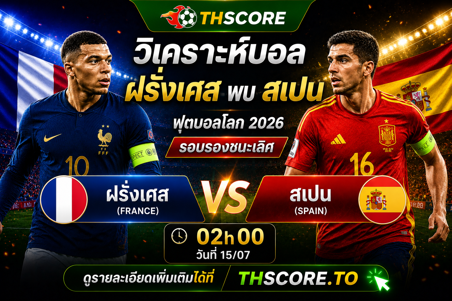 วิเคราะห์บอล ฝรั่งเศส พบ สเปน 02h00 วันที่ 15/07 – ฟุตบอลโลก 2026 รอบรองชนะเลิศ